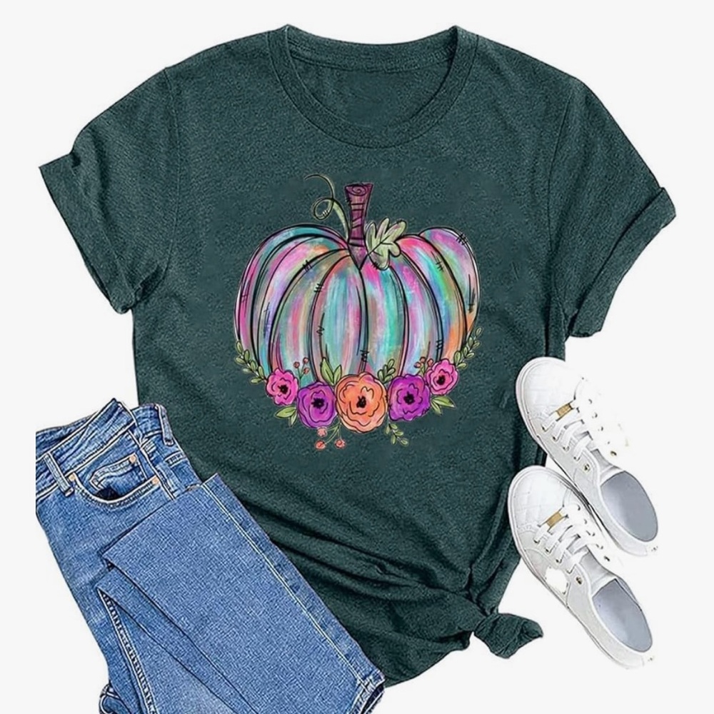 Floral Pumpkin‎ Graphic Tee green size large fall t-shirt